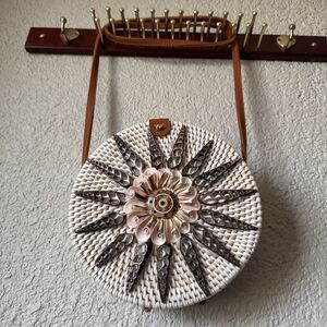 Round Cane Cross Body Shoulder Bag with Shells, Leather Strap & Snap Clo…